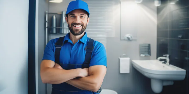 Emergency plumber in Mansfield standing in a bathroom, available 24/7