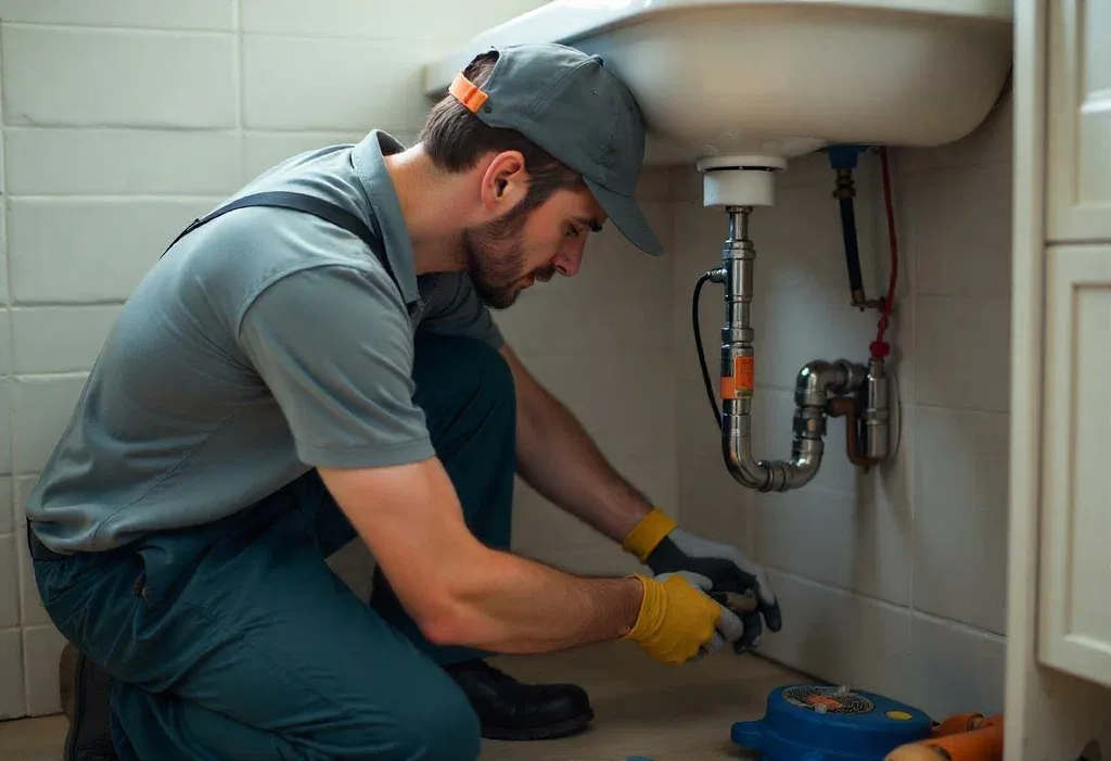 Plumber repairing leaking pipework under a kitchen sink in Mansfield
