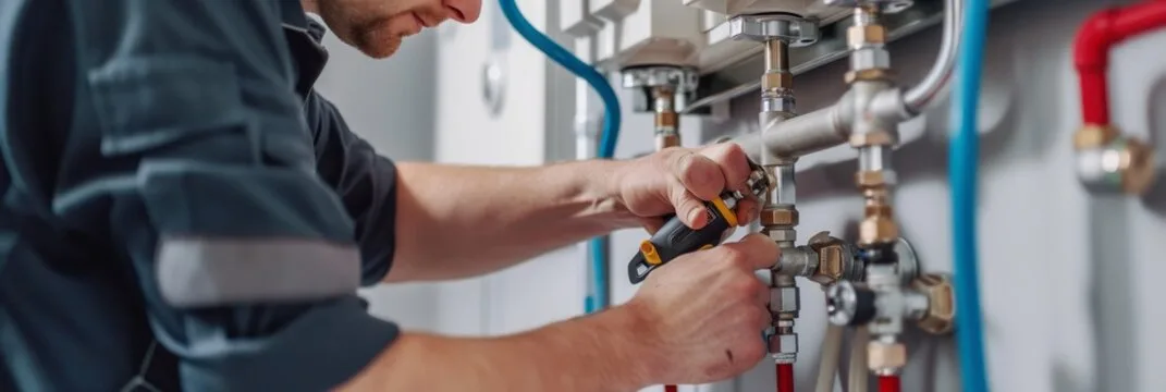 Plumber working on chrome pipework and valves at a boiler