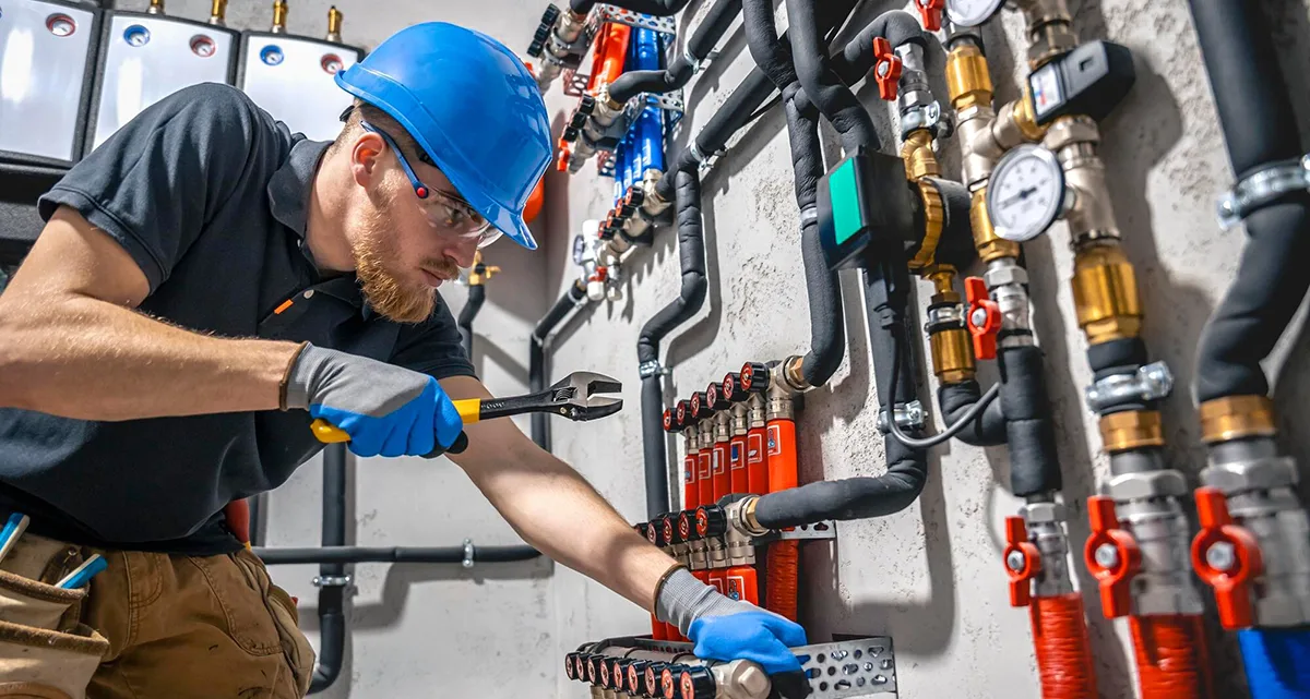 Plumber working on heating pipework and valves