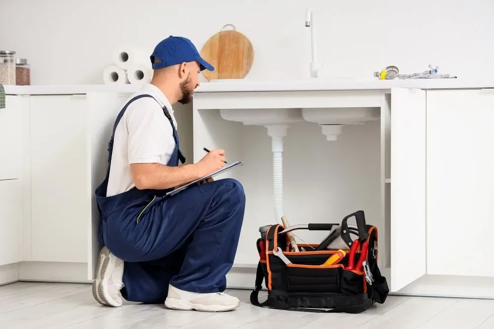 Plumber kneeling with a clipboard beside an open kitchen sink unit
