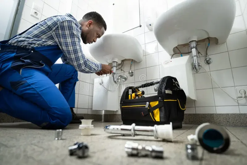 Plumber repairing pipework under a bathroom basin