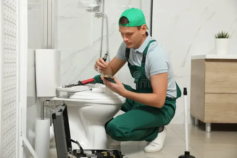 Plumber repairing a toilet cistern on an out of hours call
