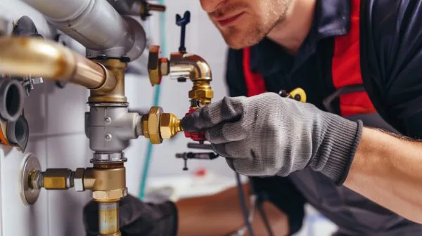 Plumber tightening a brass valve on copper pipework