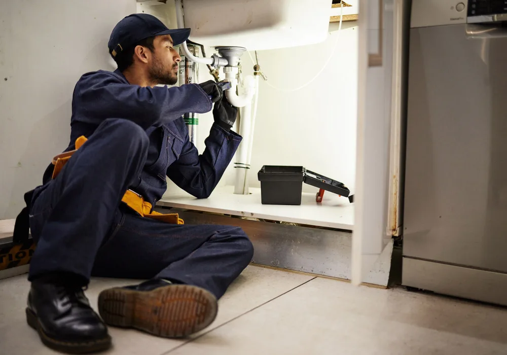 Plumber working on pipework under a kitchen sink