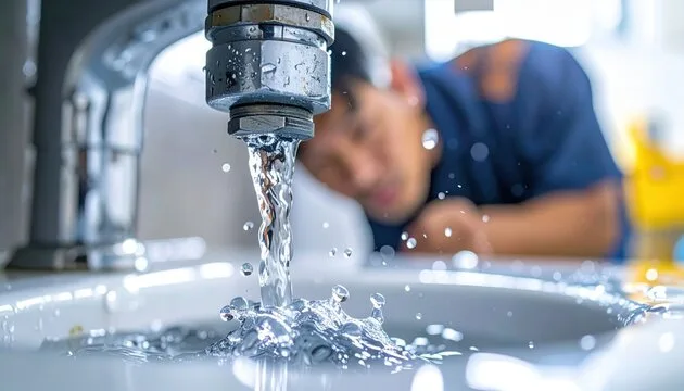 Water running from a tap while a plumber checks for a leak in Mansfield